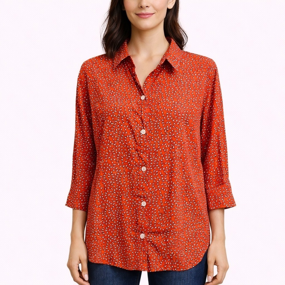 Gretchen Scott Cotton Button Down Shirt Large Orange Blue Print 3/4 Sleeve